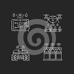 Precision agriculture RGB chalk white icons set on black background