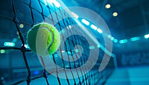 Precision captured tennis ball impacting net, frozen in motion olympic games sport concept photo