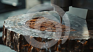 Precision CNC machine carving intricate details into wood, highlighting craftsmanship, technology, and industrial photo