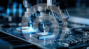 Precision electronics assembly with robotic grippers working on microchips, showcasing advanced technology in a high-tech