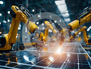 Industrial robotic arms assembling solar panels in a high-tech manufacturing facility
