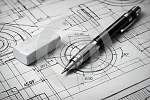 Precision Engineering Blueprint With Mechanical Pencil And Eraser On Technical Drawing Surface