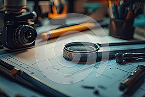 Precision Engineering Blueprint on Table with Tools Design and Planning Concept