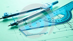 Precision Engineering - Compass and Protractor on Blueprint