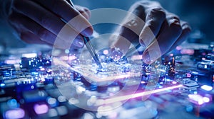 Precision engineering of a futuristic circuit board with metallic tools