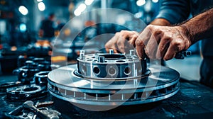 Precision engineering of a high-performance brake rotor in an automotive workshop