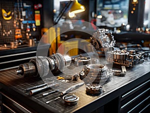 Precision engineering and mechanical components on a workbench in a workshop