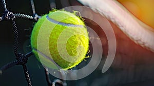 Precision freeze frame tennis ball impacting net, capturing summer olympics sports essence