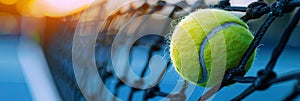 Precision freeze frame tennis ball impacting net, symbol of summer olympic games sports photo