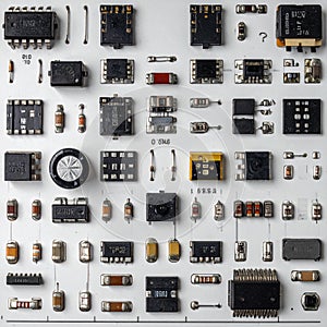 Precision Grid of Electronic Components Flat Lay