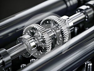 Precision Industrial Gears and Cogs on Shiny Metal Rods in Mechanical Engineering Concept