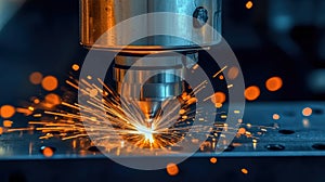 Precision laser cutting with sparks during industrial metalworking process photo