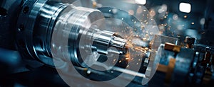 The precision machining process with sparks flying from a lathe machine. AI generated image
