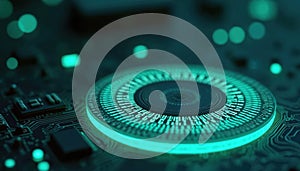 Precision microchip, high-tech computer component. Electronic circuit board, integrated circuit, silicon wafer. Modern computing