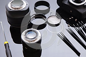 Precision optic photo lens service, adjust, align