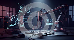 Precision Robotic Arm Assembling Microchip in Dark Tech Lab