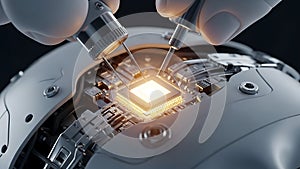 Precision Robotic Hands Assembling Glowing Microchip on Advanced Circuit Board