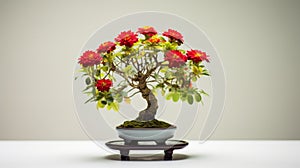 Precisionism-inspired Bonsai Tree With Red Flowers On Display Stand