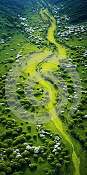 Precisionist Aerial Image Of Flowing River In Green Field