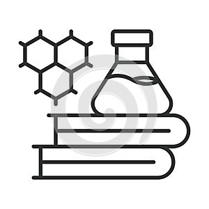 Preclinical compound icon in line design. preclinical compound, chemical structure, research books, experimental formula on white