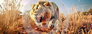 predator attacking, angry lion hunting in safari, banner, made with Generative AI