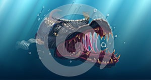 Predator fish seascape, shark drawing under water landscape, predatory pike in deep sea, ancient shark vector wildlife