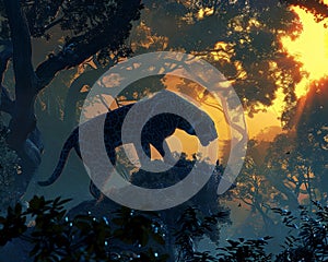 Predators silent prowl, dynamic, diagonal angle, dusk light through trees, painting with digital smoothness , 3D render