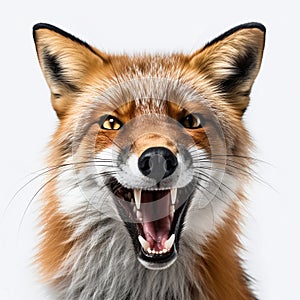 Predatory angry red fox bares big fangs, growls, portrait, close-up