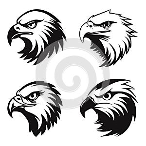 Predatory bird, eagle head logo mascot on white background. Vector set