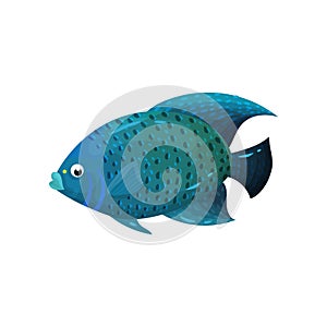 Predatory blue-colored fish with big fins, side view. Marine animal. Sea creature. Flat vector element for poster or