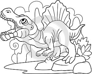 Predatory dinosaur spinosaurus, coloring book, funny illustration