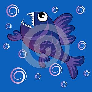 predatory evil piranha fish. Fabulous underwater world. Styling, cartoon style