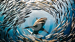 A predatory fish swims surrounded by sea fish. Big Shark hunts in the depths of the ocean.