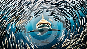 A predatory fish swims surrounded by sea fish. Big Shark hunts in the depths of the ocean.