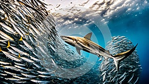 A predatory fish swims surrounded by sea fish. Big Shark hunts in the depths of the ocean.