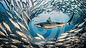 A predatory fish swims surrounded by sea fish. Big Shark hunts in the depths of the ocean.