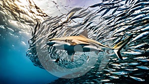 A predatory fish swims surrounded by sea fish. Big Shark hunts in the depths of the ocean.