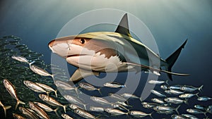 A predatory fish swims surrounded by sea fish. Big Shark hunts in the depths of the ocean.