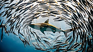 A predatory fish swims surrounded by sea fish. Big Shark hunts in the depths of the ocean. Generated image