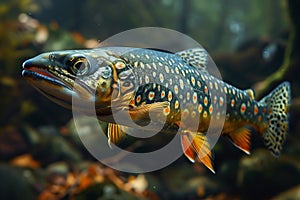 Predatory pike fish swims along the bottom of the river