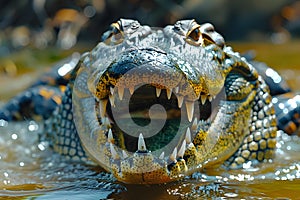 Predatory Precision: Crocodile\'s Mighty Gape. Concept Crocodile Behavior, Carnivorous Habitats, Jaw photo