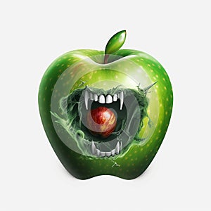 Predatory ravenous apple logo with big teeth on white photo
