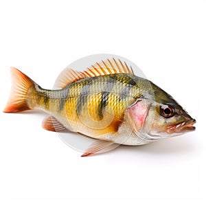 Predatory striped perch fish Perca fluviatilis isolated on white close-up