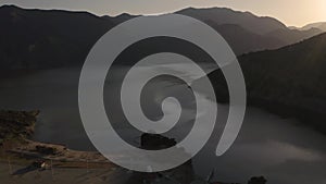 Predawn aerial view of Pyramid Lake, a recreational destination formed by Pyramid Dam on Piru Creek, San Emigdio