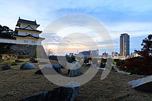 Predawn color in sky over historic Japanese castle and modern tower