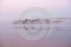 Predawn mist on the lake in pink and blue watercolor colors