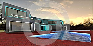 Predawn sky above the amazing suburban home constructed in minimalist style. The swimming pool looks like a river. No people. 3d