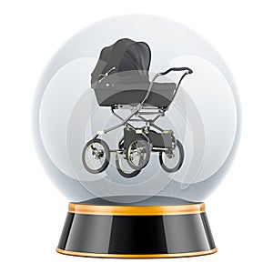 Prediction of pregnancy. Crystal ball with baby carriage inside, 3D rendering