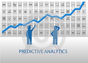 Predictive analytics illustration. Business people analyzing positive chart with various devices and data items in the back