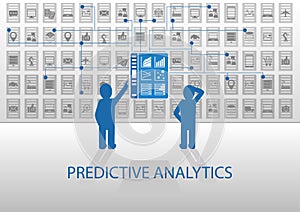 Predictive analytics illustration. Two analysts analyzing reporting dashboard